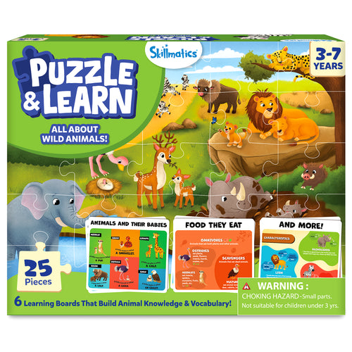 Skillmatics Puzzle & Learn: All About Wild Animals box showing a 25-piece puzzle for ages 3–7. The cover features illustrated wild animals including lions, elephants, giraffes, zebras, rhinos, deer, cheetah, bison, ostrich and more, plus six educational learning boards and a safety warning.