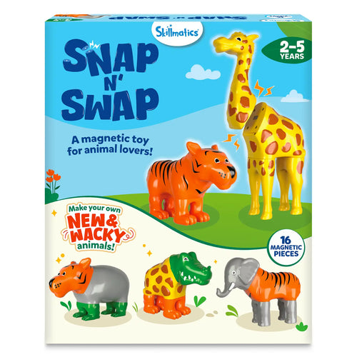 Skillmatics Snap N Swap magnetic toy for animal lovers packaging showing giraffe, tiger, elephant and crocodile characters that can be mixed and swapped into wacky animal combinations. Highlights ages 2–5 years, 16 magnetic pieces and ‘Make your own new & wacky animals’ creative play concept.