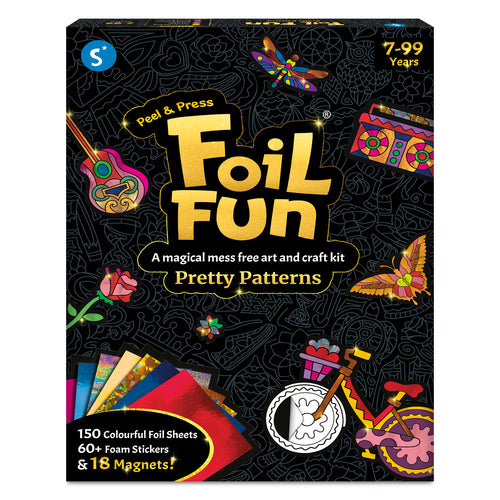 Foil Fun Pretty Patterns art and craft kit with colorful foil sheets, foam stickers, and magnets