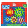 Skillmatics Spinny Gears Pattern Pop toy box on a red background for ages 6–36 months. Five interlocking plastic gears shown: red sunburst, green blue-yellow spiral, blue concentric circles, yellow with purple cross, and purple with yellow stripes. Labels read 