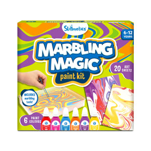 Marbling Magic Paint Kit for Ages 6-12 with 6 colors, tools, and 20 art sheets