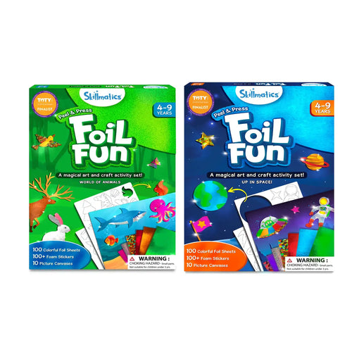 Two Foil Fun craft sets featuring World of Animals and Up in Space for ages 4-9