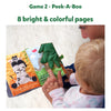 Soft fabric animal book with interactive elements from the Peek Pop & Play Bundle for infants