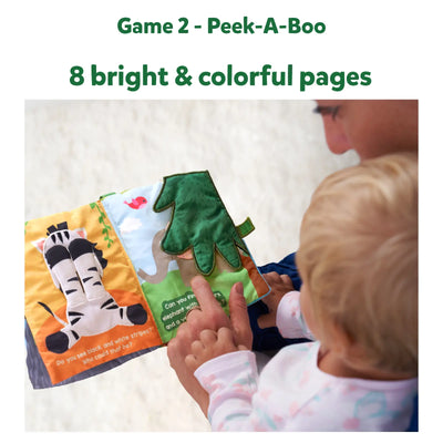 Soft fabric animal book with interactive elements from the Peek Pop & Play Bundle for infants
