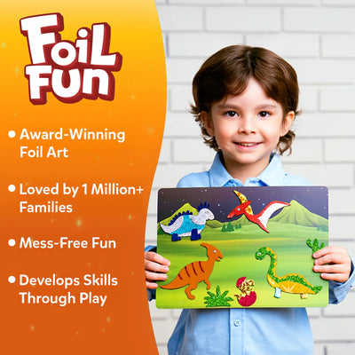 Young boy holding Dinosaur-themed Foil Art Kit from Foil Fun World Of Dinosaurs