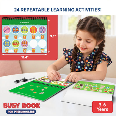 Interactive preschool activity book with reusable stickers for ages 3-6