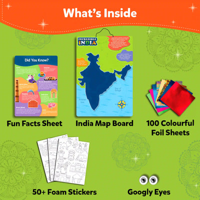 Children’s educational India art kit with map, foil sheets, foam stickers, and googly eyes