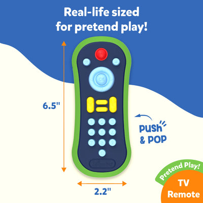 Close-up image of the Skillmatics Push & Pop TV Remote toy, measuring 6.5 inches tall and 2.2 inches wide. The real-life-sized remote includes colourful buttons with numbers 0–9, channel and volume controls, and a central “OK” button. Designed for pretend play, this baby sensory remote encourages fine motor skills and tactile exploration through push and pop action.