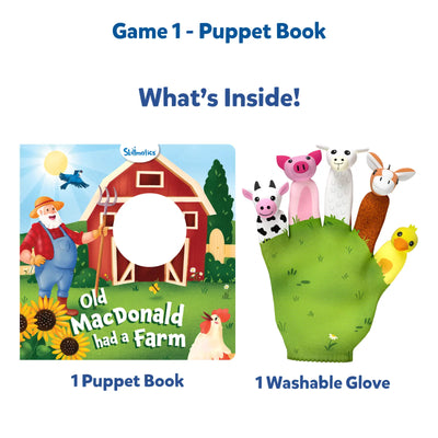 Children’s puppet book and washable animal finger puppet glove set for sensory play