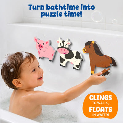 Toddler enjoying bath time while placing a foam horse puzzle onto the bathtub wall beside pig and cow puzzles. The colorful farm animal puzzles cling to wet surfaces and float in water. Banner highlights "Turn bathtime into puzzle time" and the product's interactive bath play feature.