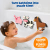 Toddler enjoying bath time while placing a foam horse puzzle onto the bathtub wall beside pig and cow puzzles. The colorful farm animal puzzles cling to wet surfaces and float in water. Banner highlights 