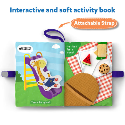 Colorful soft sensory activity book for children with Giraffe on slide and picnic scene