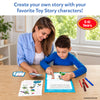 A smiling woman in a blue shirt and a boy in a blue top sit at a wooden table using the Skillmatics Toy Story My Story Art Kit. The boy places character stickers onto a blue story pad while the woman holds a vocabulary card. Markers, sticker sheets, and written story pages are spread on the table. Age label reads 