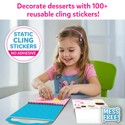 Young girl happily decorating desserts with reusable stickers from Peelies Dessert Chef activity book