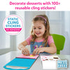 Young girl happily decorating desserts with reusable stickers from Peelies Dessert Chef activity book