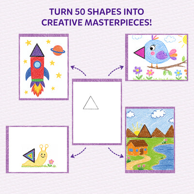 Illustration showing how one triangle shape can inspire different drawings. A single triangle in the center is connected by arrows to four completed creations: a rocket, a colorful bird, a snail, and a landscape with mountains, a house, and a lake, demonstrating multiple creative possibilities.