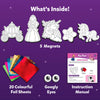 A purple background displays five outlined magnet shapes: a carriage, princess, unicorn head, star, and full-body unicorn. Below them, 20 colorful foil sheets in assorted bright shades are fanned out. Two googly eyes and a printed instruction manual with the Foil Fun branding appear on the right. The header “What’s Inside!” highlights all included components of the craft kit.