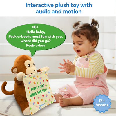 A smiling baby in pastel pink overalls and a yellow striped top sits on the floor, clapping while facing a plush monkey toy holding a polka-dotted cloth printed with “Peek-a-boo, where are you?” A green speech bubble shows the toy’s audio phrase. Blue text above reads “Interactive plush toy with audio and motion,” and a “12+ months” badge appears in the corner.