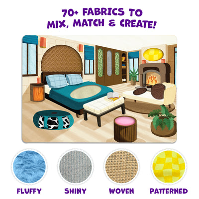 Skillmatics Fab Tabs comparison showing a room illustration before and after decorating with textured fabric pieces. Blank spaces on furniture and décor are transformed with colorful patterns and tactile materials, demonstrating how children can mix and match fabrics to customize a room scene.