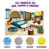 Skillmatics Fab Tabs comparison showing a room illustration before and after decorating with textured fabric pieces. Blank spaces on furniture and décor are transformed with colorful patterns and tactile materials, demonstrating how children can mix and match fabrics to customize a room scene.
