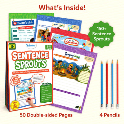 Skillmatics Sentence Sprouts kit contents displayed. Activity pages feature themed scenes: Doctor's Clinic, At the Library, At the Carnival, and Camping Trip, each with word banks. Product box shown in foreground alongside four red and blue pencils. Contains 50 double-sided pages.