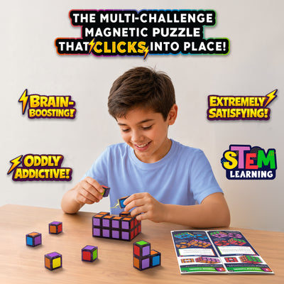 Child seated at a table building a Klixokubes puzzle structure with colorful magnetic cubes while challenge cards are placed nearby. Promotional graphics highlight brain-boosting STEM learning and the satisfying snap-together design used to complete puzzle configurations.