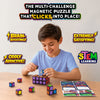 Child seated at a table building a Klixokubes puzzle structure with colorful magnetic cubes while challenge cards are placed nearby. Promotional graphics highlight brain-boosting STEM learning and the satisfying snap-together design used to complete puzzle configurations.