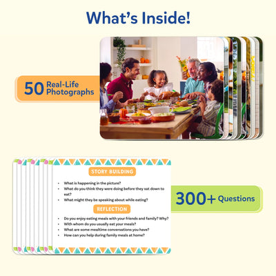Skillmatics Picture Talk contents overview showing a stack of conversation cards with a family meal photograph on the front and guided questions on the reverse. The layout highlights 50 real-life photo cards and over 300 discussion prompts designed to build social and emotional skills.
