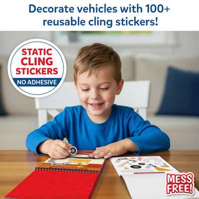 Smiling young boy using Peelies Cars Trucks & More reusable sticker activity book
