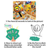 Instructional graphic explaining gameplay steps for a memory and observation game. At the top, a detailed illustrated scene is shown with a magnifying glass highlighting an object, alongside text stating players have 60 seconds to study the picture. Below, illustrated hands hold green letter cards while arrows indicate shouting remembered objects to discard letters. A final illustration shows a player celebrating after discarding all cards to win the round.