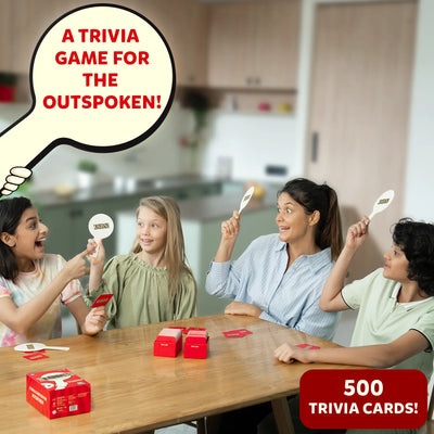 Family playing Dibs Exciting Trivia Card Game for ages 8 and up