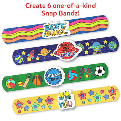 Colorful decorated snap bracelets with detachable charm badges for kids ages 4-10