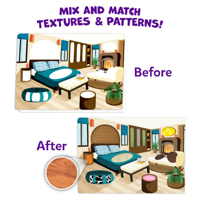 Skillmatics Fab Tabs comparison showing a room illustration before and after decorating with textured fabric pieces. Blank spaces on furniture and décor are transformed with colorful patterns and tactile materials, demonstrating how children can mix and match fabrics to customize a room scene.