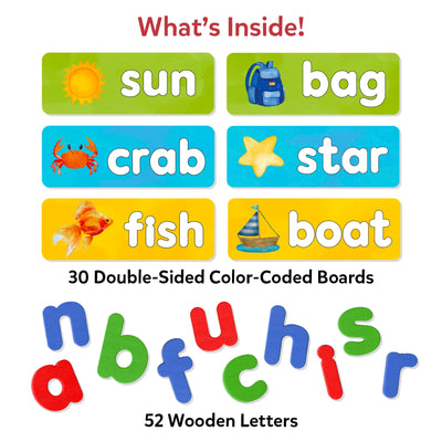 Children’s educational toy set with word-spelling boards and wooden letters for ages 4-7