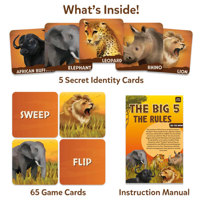 Animal-themed game cards including Secret Identity and Strategy Cards from The Big 5 game
