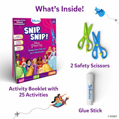 “What’s Inside” layout displaying the contents of the Snip, Snip! Disney Princess kit. The image shows an activity booklet with 25 cutting activities, two colorful child-safe scissors, and a Skillmatics glue stick. Each item is clearly separated on a white background with playful dotted cut paths and small Disney Princess illustrations guiding the layout.