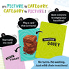 Instructional graphic for Skillmatics Cross Over explaining gameplay. A category card labeled “Something Yummy” connects to a brownie picture card, which then connects to a “Something Gooey” category card. Step-by-step callouts show starting with any card, playing matching connections, and clearing your hand first.
