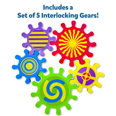 Set of 5 colorful interlocking plastic gears from Skillmatics Spinny Gears Pattern Pop on white background. Gears feature distinct bold patterns: purple with yellow stripes, red with yellow sunburst, blue with concentric circles, green with blue-yellow swirl, and yellow with purple cross design. Header reads "Includes a Set of 5 Interlocking Gears!"