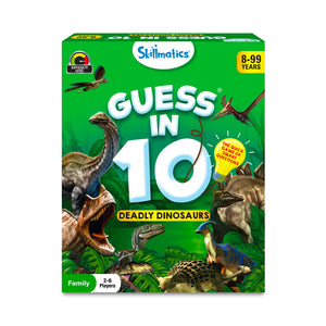 Green board game box featuring dinosaurs for Guess in 10 Deadly Dinosaurs trivia game