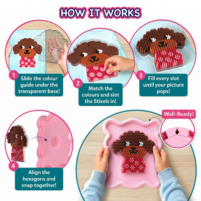Step-by-step 'How it Works' guide for Skillmatics Stixels showing four circular panels: slide color guide under transparent base, match colors and slot stixels in, fill every slot to complete design, and align hexagons to snap frame together. Includes visual of child completing 3D puppy wall décor.