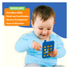 Baby playing with a blue toy phone with yellow push bubbles from Sensory Giggles Bundle