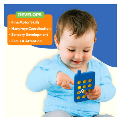 Baby smiling with a blue toy phone with yellow pop-it buttons from Tiny Tots Sensory Bundle