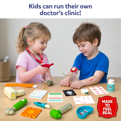 Two young children engage in imaginative doctor role-play using the Skillmatics Doctor Set. One child checks the other's blood pressure with a toy monitor while medical accessories, including a thermometer, syringe, pulse oximeter, bandages, prescription pad, medicine bottle, tray, and injury stickers, are spread across a table.