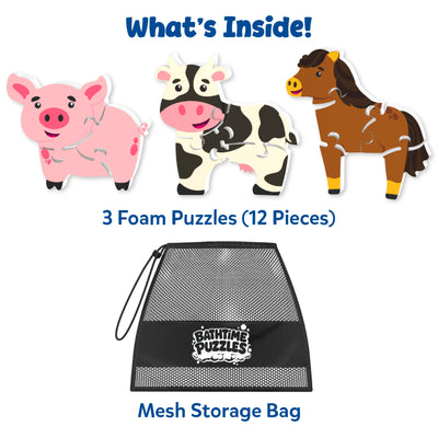 Contents of the Skillmatics Bathtime Puzzles set showing three foam farm animal puzzles—a pig, cow, and horse—with 12 total puzzle pieces and a reusable black mesh storage bag. The layout clearly displays everything included for bath time puzzle play and easy organization.