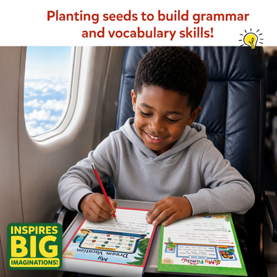 Smiling boy in gray hoodie writes with a red pencil on Sentence Sprouts worksheets while seated on an airplane. Open pages show My Dream Vacation and My Family themed activities. Badge reads Inspires Big Imaginations. Text: Planting seeds to build grammar and vocabulary skills.