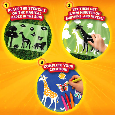 Sun-activated art with stencils and markers from Magical Sun Art: Animals Sun Paper Kit