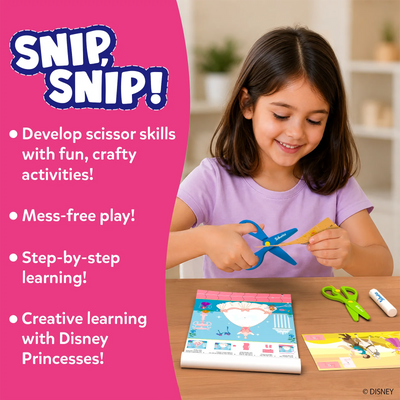 A young child seated at a table using blue child-safe scissors to cut along printed lines on a Disney Princess activity sheet. The image highlights mess-free, step-by-step learning with visible activity pages, spare scissors, and cut pieces on the table. Text alongside emphasizes developing scissor skills, creative learning, and structured practice for young children.