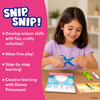 A young child seated at a table using blue child-safe scissors to cut along printed lines on a Disney Princess activity sheet. The image highlights mess-free, step-by-step learning with visible activity pages, spare scissors, and cut pieces on the table. Text alongside emphasizes developing scissor skills, creative learning, and structured practice for young children.