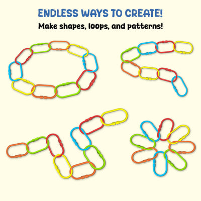 Multiple arrangements of colorful Skillmatics Linkies displayed on a light background, forming shapes such as loops, chains, curves, and flower-like patterns. Text at the top reads “Endless ways to create,” followed by “Make snakes, loops, shapes & more.” The image visually highlights open-ended play and creativity using the same set of interlocking links.