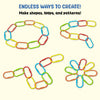 Multiple arrangements of colorful Skillmatics Linkies displayed on a light background, forming shapes such as loops, chains, curves, and flower-like patterns. Text at the top reads “Endless ways to create,” followed by “Make snakes, loops, shapes & more.” The image visually highlights open-ended play and creativity using the same set of interlocking links.